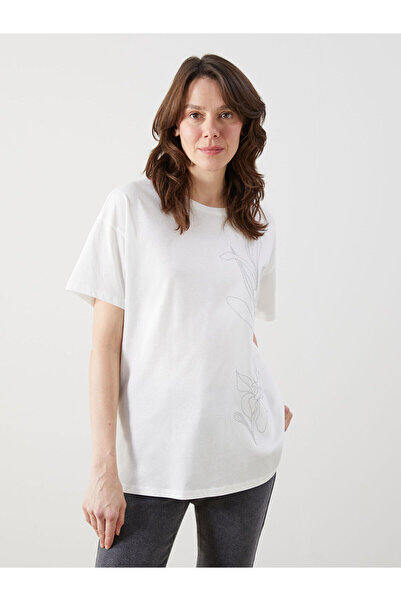LC Waikiki Nevavm Women's Floral T-Shirt with Oval Collar and Difference