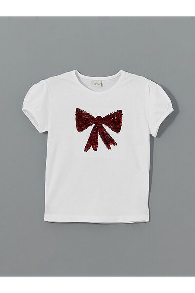 LC Waikiki Crew Neck Two-Way Sequined Girl's T-Shirt