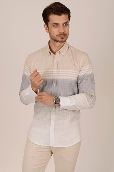 Etikmen Panolu Bej Gri Çizgili Keten Slimfit Erkek Gömlek