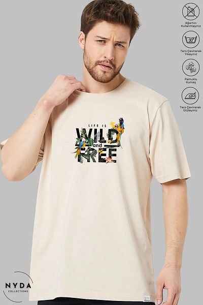 Nyda Collections Unisex Crew Neck Wild and Free εμπριμέ βαμβακερό μπλουζάκι με κοντό μανίκι