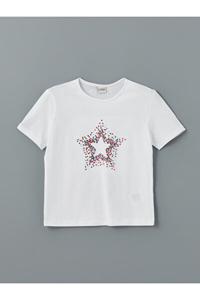 LC Waikiki Детска бяла тениска с пайети и кръгло деколте LCW