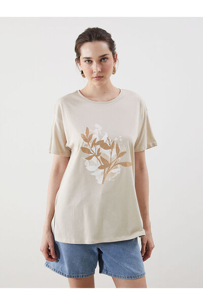 LC Waikiki Tricou de damă LCWAIKIKI Classic Bej cu decolteu cu flori