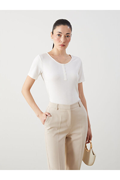 LC Waikiki Tricou de damă LCWAIKIKI Classic Ecru Crew Deck Texturat