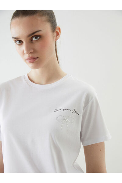 LC Waikiki Νέα σεζόν Crew Neck Rhinestone Γυναικείο Tisort - S5O389Z8