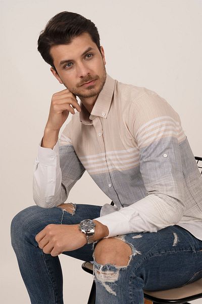 Etikmen Ανδρικό πουκάμισο με πάνελ μπεζ γκρι Slimfit λινό