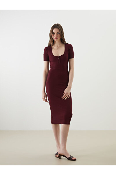 LC Waikiki Γυναικείο Bodycon φόρεμα LCW Vision Burgundy U-Neck