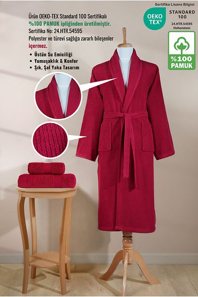 Ellaline Striped Bathrobe Set 100% Cotton Certified 3 Piece Shawl Bathrobe and Head Towel Set Claret Red