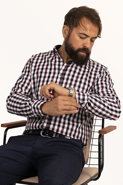 Etikmen Férfi Slimfit ing - Claret Red sötétkék, kockás, ajándékdobozos