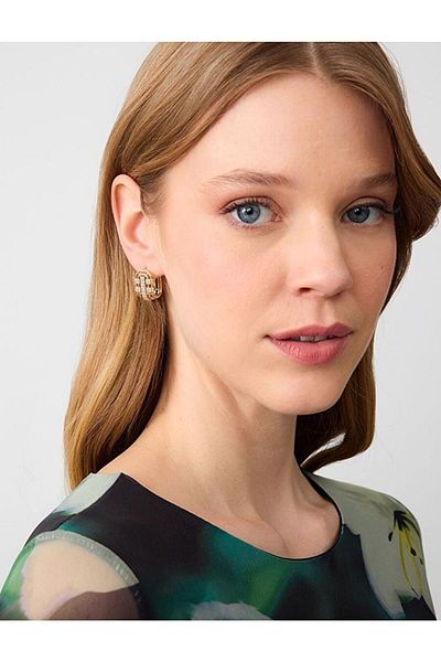 Jimmy Key Gold Color Shiny Stone Detailed Geometric Pattern Earrings