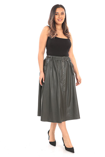 EXİTLİNE Women's Belted Faux Leather Khaki Skirt