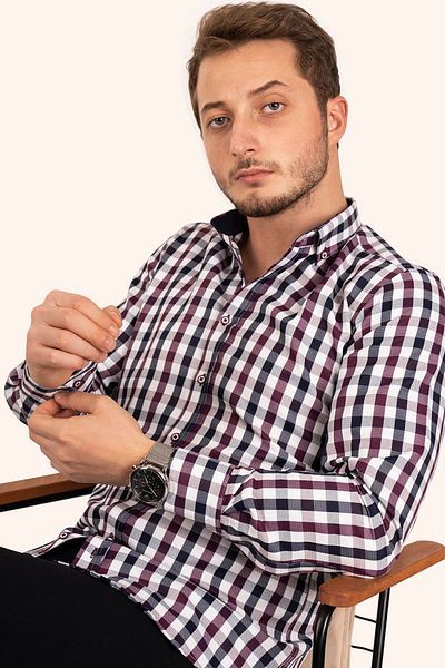 Etikmen Ανδρικό πουκάμισο Slimfit - Claret Red Navy Blue, καρό, σε συσκευασία δώρου