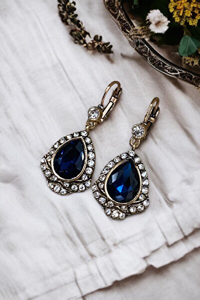 FAYRA ACCESSORIES Kristal Taşlı Antik Bronz Su Damlası Küpe