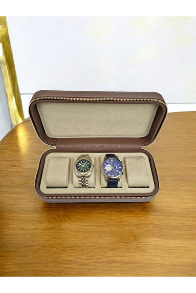 Moda fiesta Deri 4 Lü Saat Çantası Kutusu Fermuarlı Ahşap Kasalı (Taba)