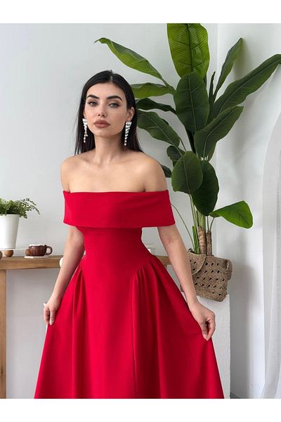 Afiş Butik Red Madonna Collar Pleated Long Dress