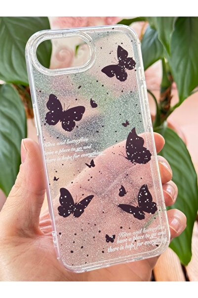 Fibaks Apple iphone 16e compatible case glitter black butterfly patterned colorful glossy shock absorbing cover