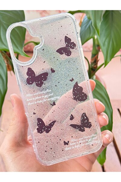 Fibaks Apple iphone 16 compatible case glitter black butterfly patterned colorful glossy shock absorbing cover