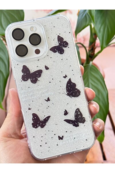 Fibaks Apple iphone 11 pro max compatible case glitter black butterfly patterned colorful glossy shock absorbing cover
