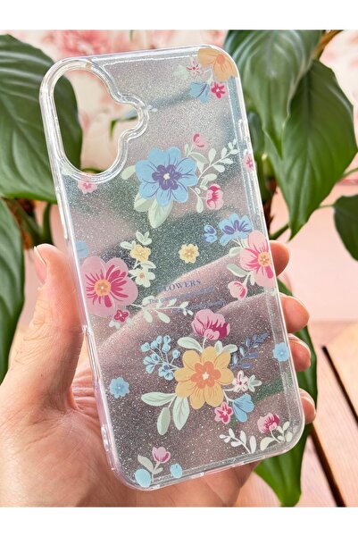 Fibaks Apple iPhone 16 Compatible Case Blue Glitter Flower Pattern Colorful Shiny Shock Absorbing Cover