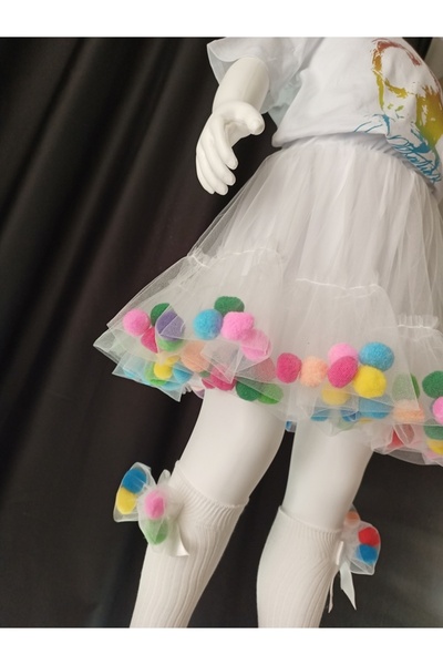 geef kıds Girl's White Tutu Skirt with Pompom 23 April