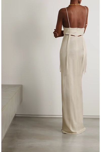FASHION COCKTAIL Long Fringe Window Thin Strap V-Neck Linen Maxi Cocktail Long Natural Linen Dress