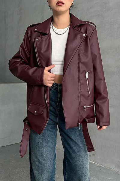 Jaglion Oversize Long Women's Burgundy Leather Jacket