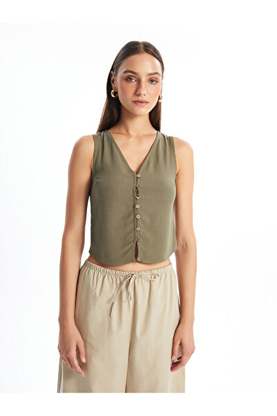 LC Waikiki Nevavm V-Neck Plain Linen Blend Women's Classic Vest with a Differ...