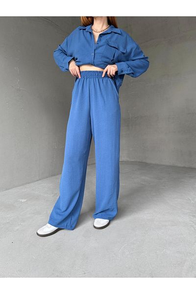 Cappmoda TKM-03661 Cămașă lejeră cu buzunar cu cravată în talie albastră Set din două piese pantaloni Palazzo
