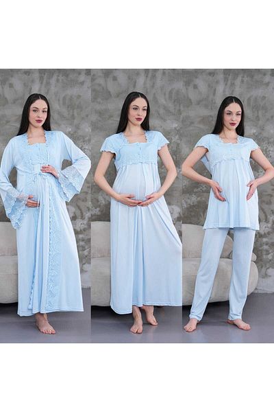 Lohussa Rochie de maternitate pentru maternitate, din bumbac, cu design special, dantela albastra, set de pijamale, set de 4 camasi de noapte