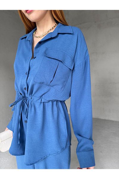 Cappmoda TKM-03661 Cămașă lejeră cu buzunar cu cravată în talie albastră Set din două piese pantaloni Palazzo