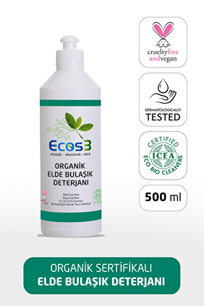 Ecos3 Organik Elde Bulaşık Deterjanı, Vegan Sertifikalı, Ekolojik, Hipoalerjenik, Aloe Vera’lı, 500 ml