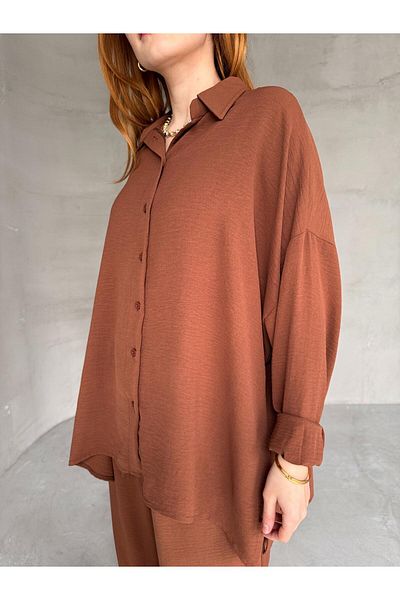 Cappmoda TKM-03662 Μανίκι με νυχτερίδα μανίκι φαρδύ πουκάμισο με ψηλόμεσο δέσιμο Palazzo Παντελόνι Σετ δύο τεμαχίων