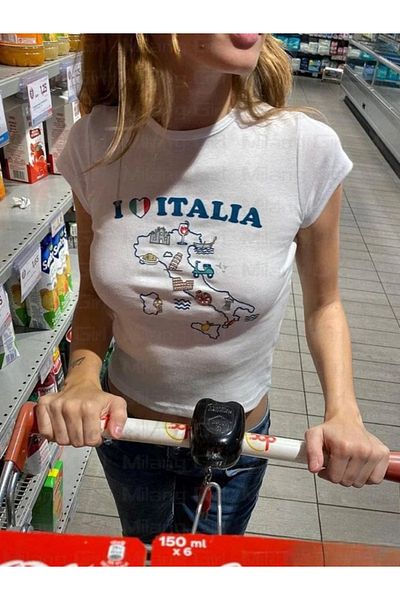 Touz Moda Bluză crop albă cu imprimeu Italia