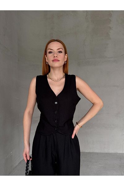 Cappmoda Tkm-03664 Black Linen Fabric Vest Palazzo High Waist Pants Set of Two
