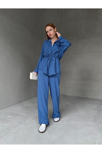 Cappmoda TKM-03661 Cămașă lejeră cu buzunar cu cravată în talie albastră Set din două piese pantaloni Palazzo