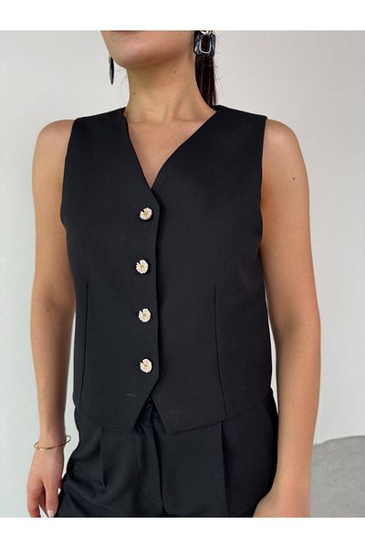 Cappmoda TKM-03677 سترة ديزي سوداء بأزرار مطوي سروال بالازو طقم مكون من قطعتين