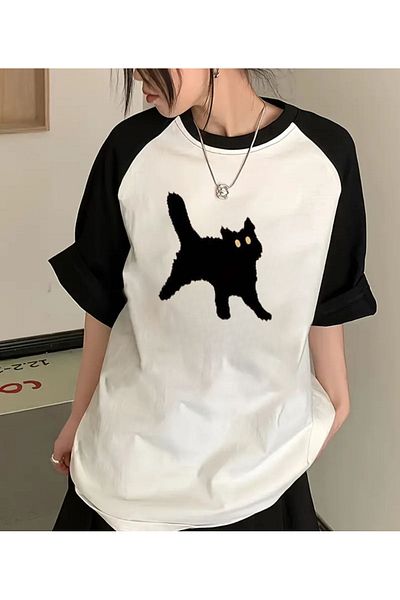 Touz Moda Λευκό μπλουζάκι με κοντό μανίκι Black Cat Raglan