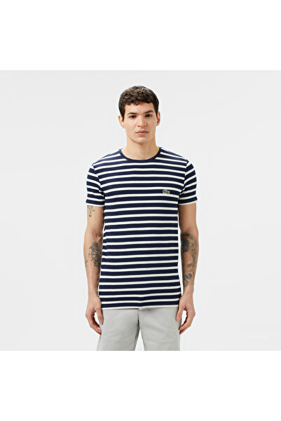 Lacoste Erkek Slim Fit Bisiklet Yaka Çizgili Lacivert T-Shirt