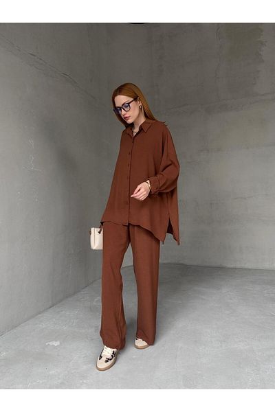 Cappmoda TKM-03662 Μανίκι με νυχτερίδα μανίκι φαρδύ πουκάμισο με ψηλόμεσο δέσιμο Palazzo Παντελόνι Σετ δύο τεμαχίων