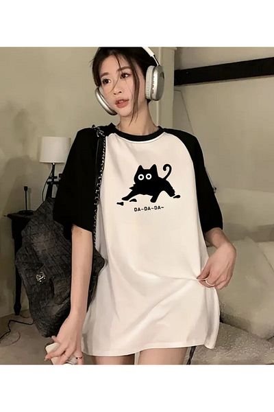 Touz Moda Λευκό μπλουζάκι με μακρυμάνικο εμπριμέ Black Cat Da Raglan