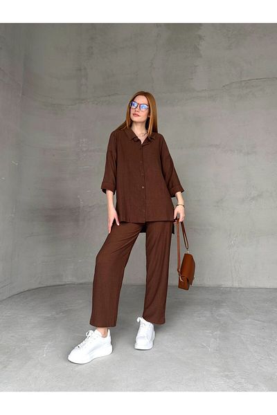 Cappmoda TKM-03660 Tan Casual Διπλό Πουκάμισο με μισό μανίκι με σκίσιμο στη μέση Παντελόνι ελαστικό στη μέση Σετ δύο τεμαχίων