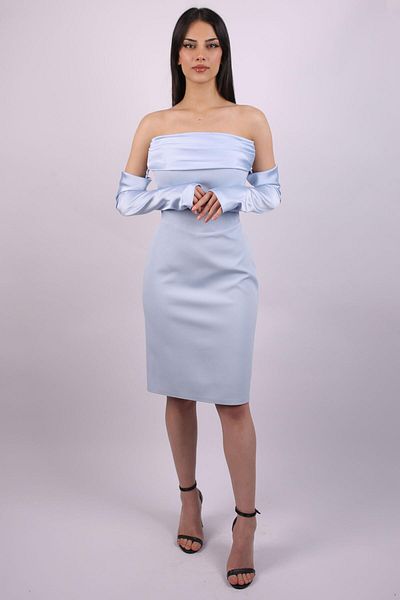 SpringStore Rochie de seară scurtă, albastră, fără bretele, cu mâneci lungi