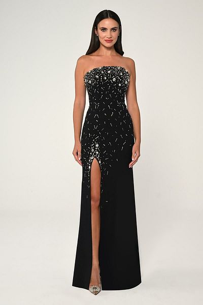 ALFABETA Strapless Stone Embroidered Crepe Long Evening Dress Alfa Beta