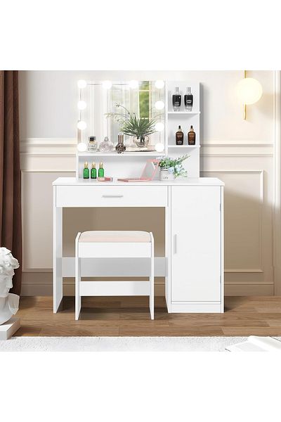 sharpdo Bedroom Makeup Dressing Table with 1 Drawer, 1 Cabinet and 2 Separate Storage Shelves