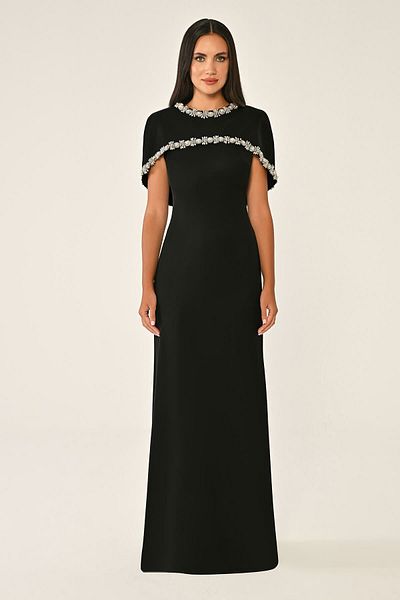 ALFABETA Crepe Long Dress with Rhinestone Embroidered Shawl Accessories