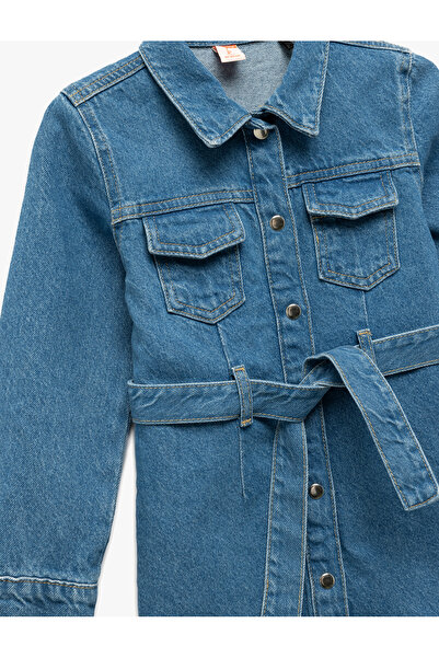 Koton Pamuklu Uzun Kollu Kemer Detaylı Cepli Düğmeli A Kesim Mini Denim Elbise