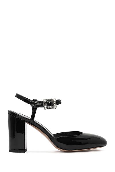 Derimod Women's Black Ankle Strap Stone Thick Heeled Leather Shoes 24Wfd 230616