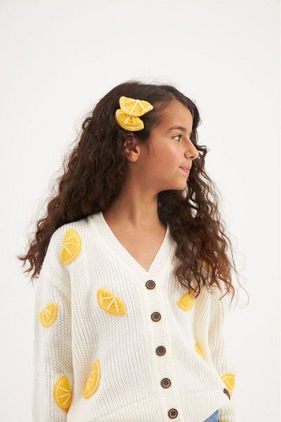 Hilal Akıncı Kids Girl's Embroidered Lemon Motif Knitwear Cardigan Wide Leg Jeans Hairpin Set of 3
