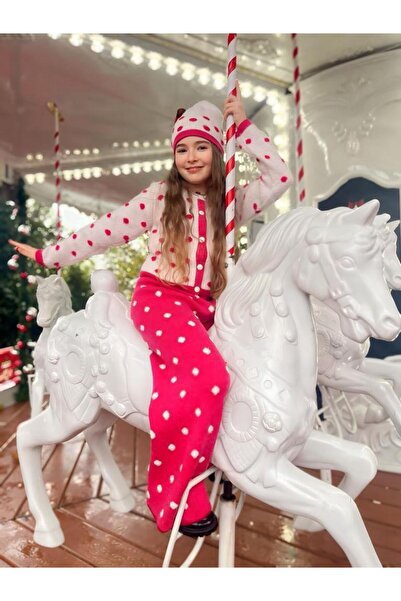 Hilal Akıncı Kids Kız Çocuk Puantiye Desen Triko Hırka Pantolon Bere 3'lü Takım