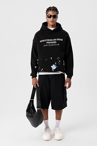 VAMOSCLO Renk Detaylı Oversize Kapüşonlu Sweatshirt Siyah