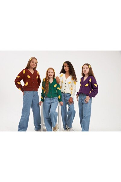 Hilal Akıncı Kids Girl's Embroidered Lemon Motif Knit Cardigan and Hair Clip